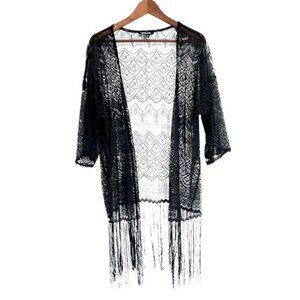 Suiteblanco Womens Fringe Open Cardigan Black M Lace Sheer Boho Scallop Design G